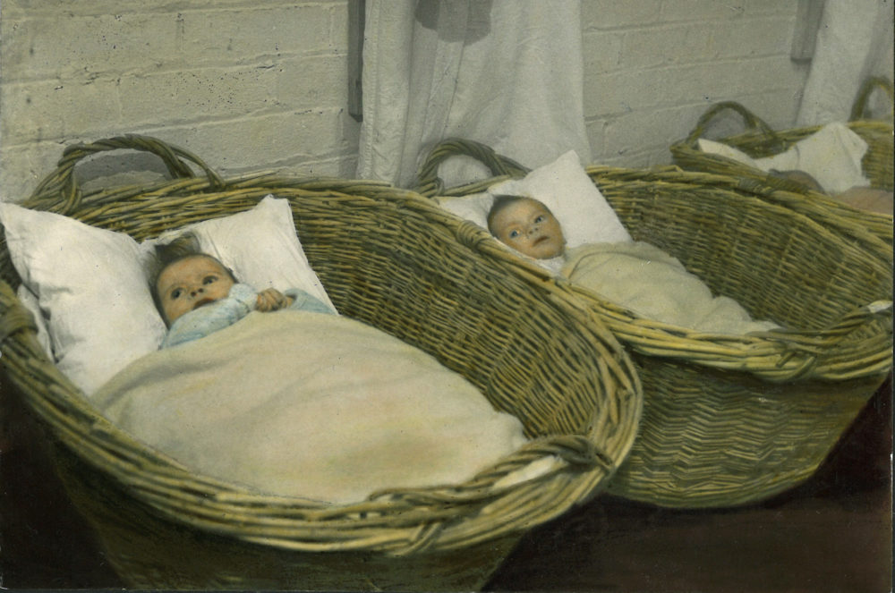 Babies in Moses baskets, 1940s